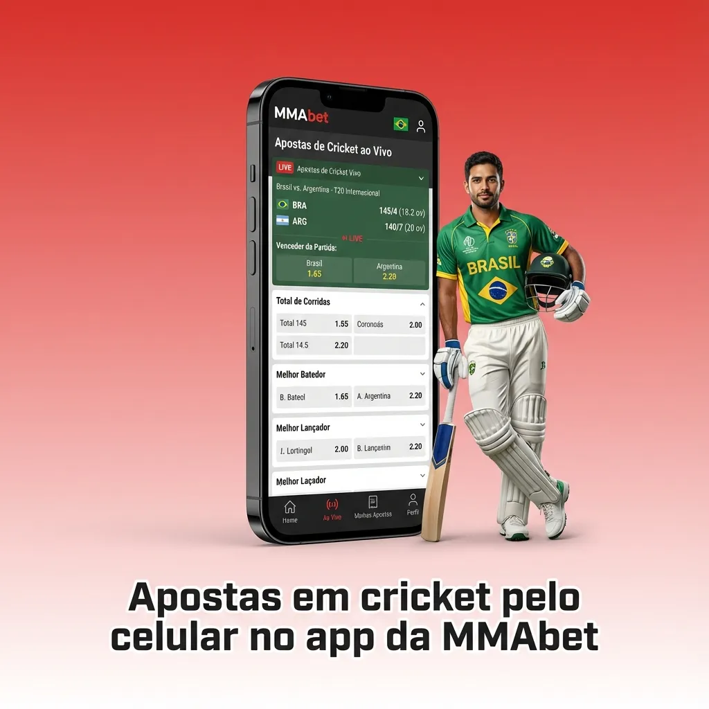 Pessoa segurando smartphone com app MMAbet aberto exibindo apostas de cricket, odds ao vivo e ícones de depósito e saque