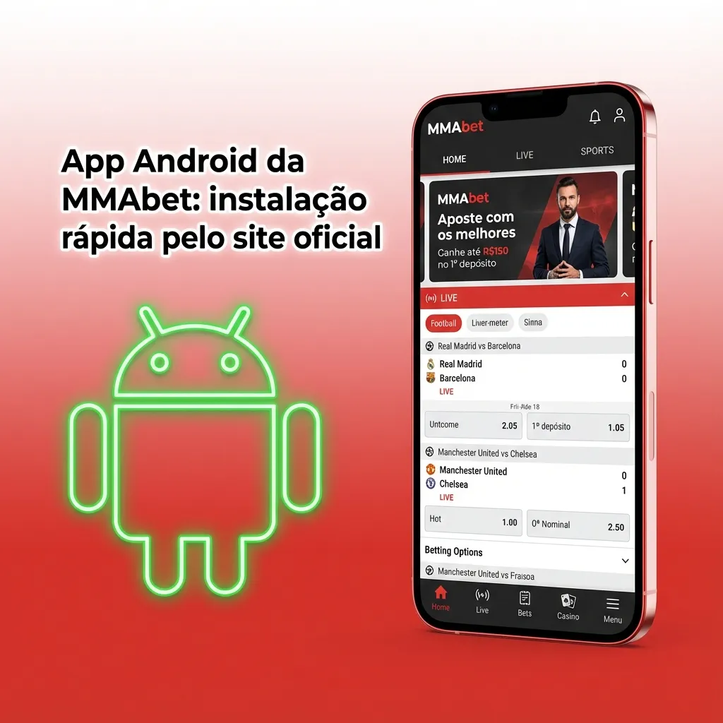 Tela de smartphone Android exibindo o site oficial da MMAbet e botão para baixar e instalar o app via arquivo APK