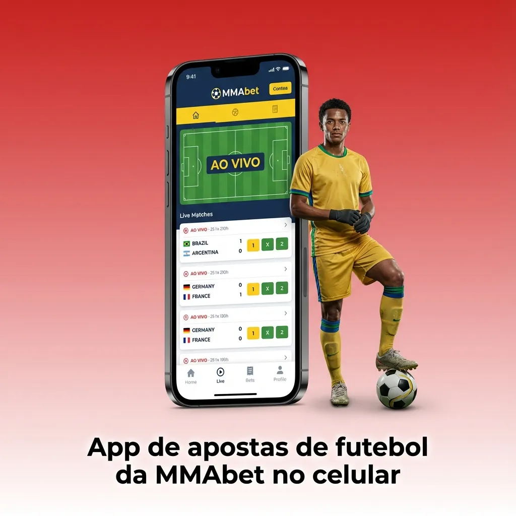 Tela de celular exibindo o app de apostas de futebol MMAbet com jogos ao vivo e opções de palpites para usuários no Brasil
