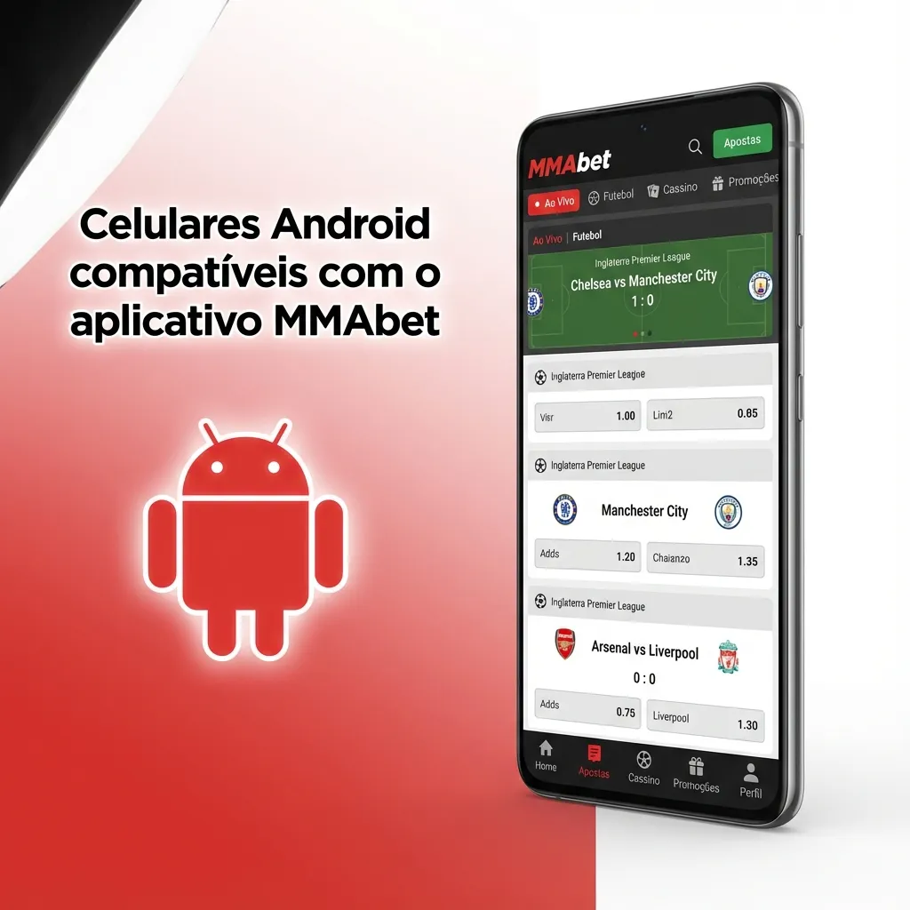 Vários smartphones Android (Samsung, Xiaomi, Motorola, Realme, ASUS) exibidos como modelos compatíveis com o app MMAbet