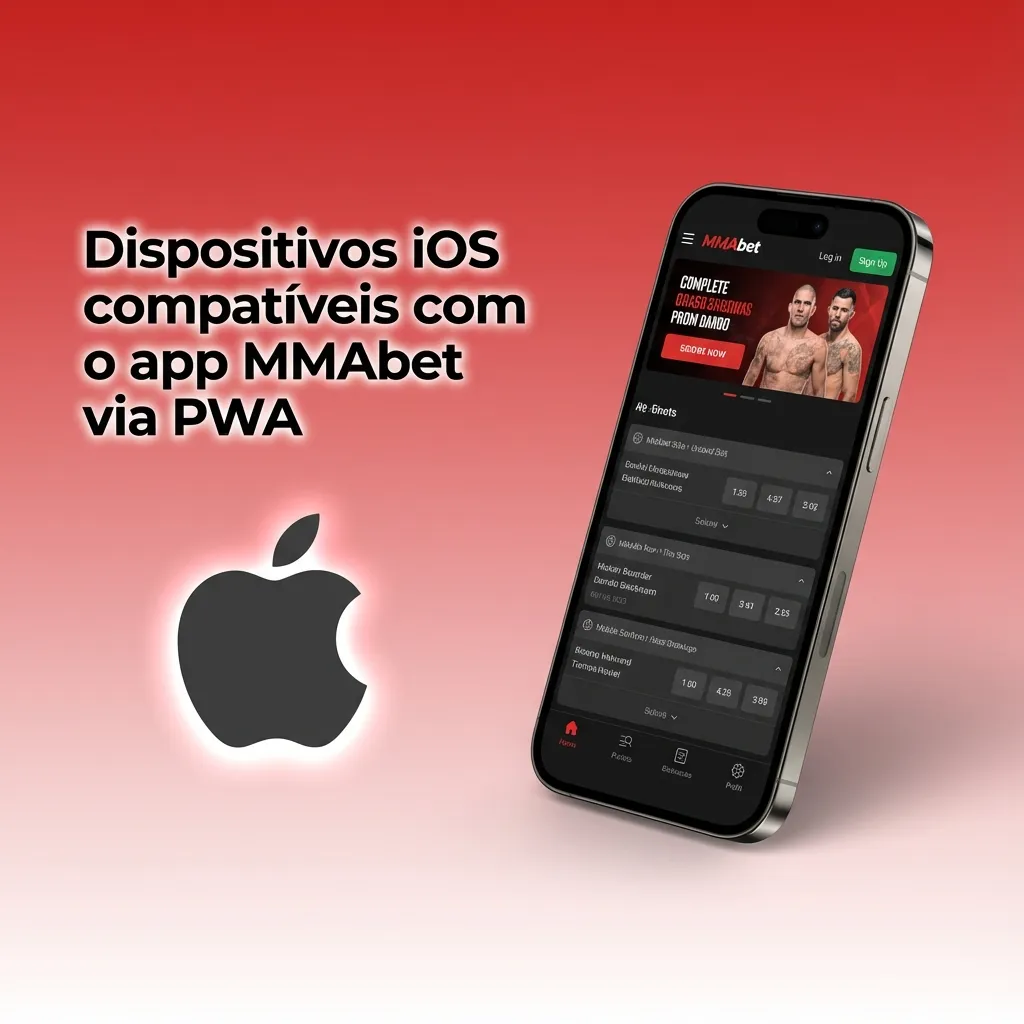 Tabela mostrando iPhones e iPads Apple compatíveis com o PWA MMAbet, incluindo séries 11 a 15 e iPads recentes