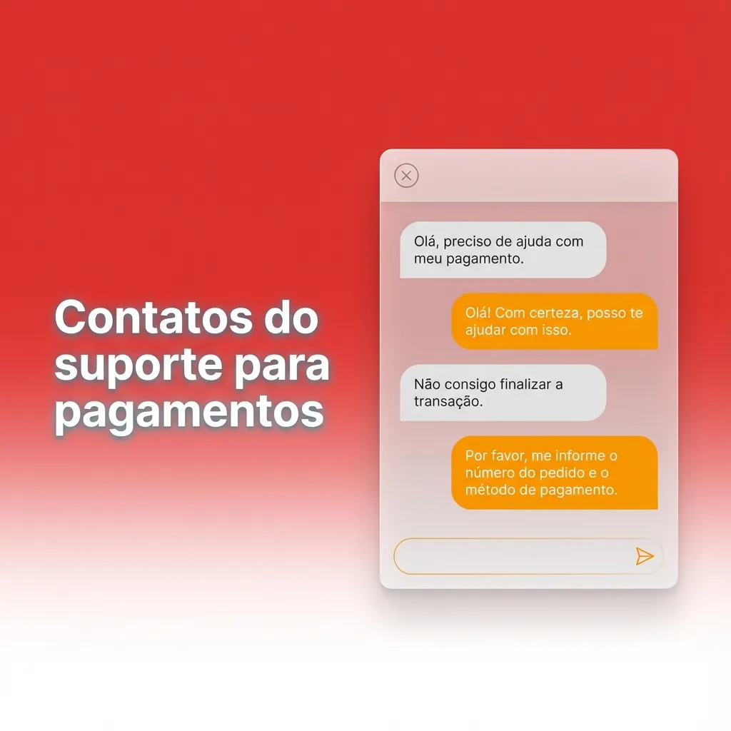 Tela de suporte de pagamentos mostrando opções de contato: chat ao vivo, e-mail, WhatsApp, formulário e central de ajuda.