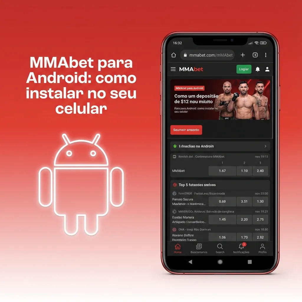 Tela de smartphone Android exibindo o site MMAbet com botão para baixar e instalar o app APK no celular.