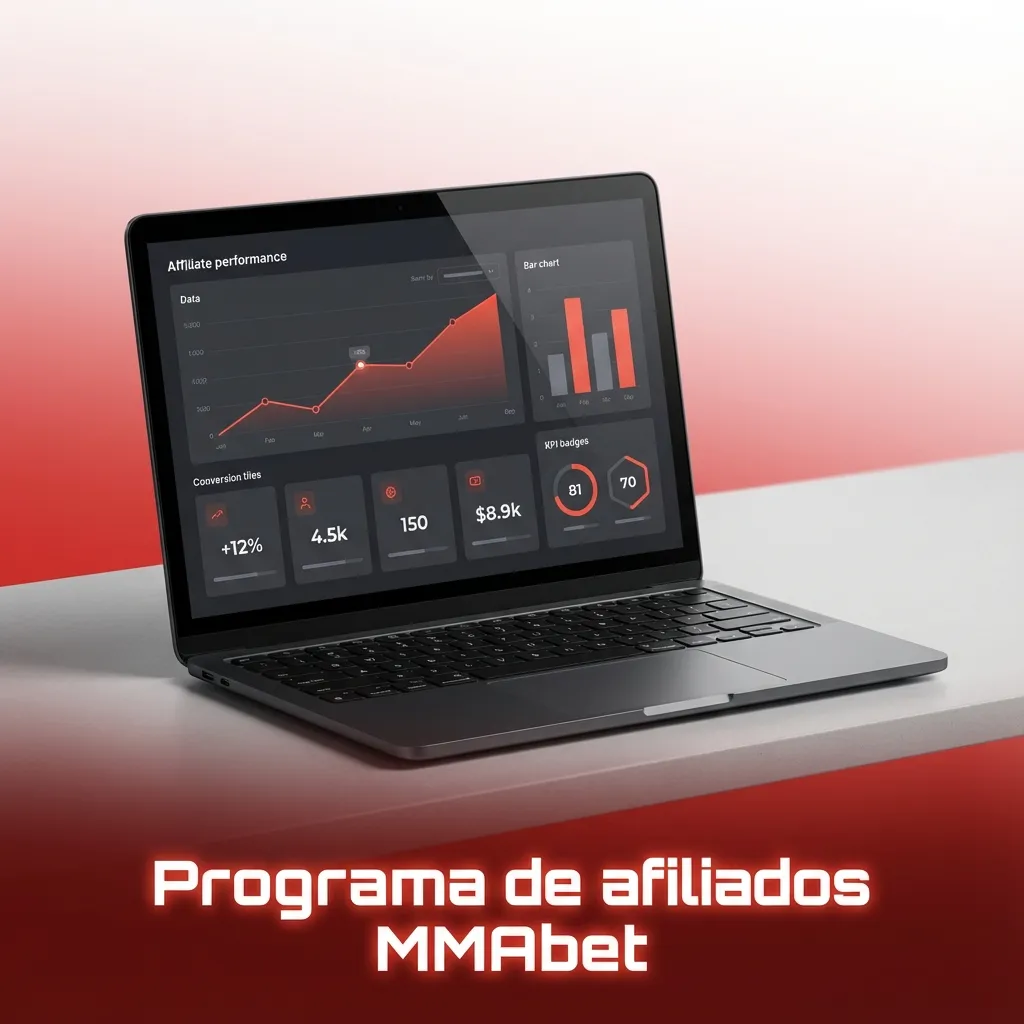 Banner do programa de afiliados MMAbet, destacando comissões por receita, materiais de divulgação e relatórios de desempenho