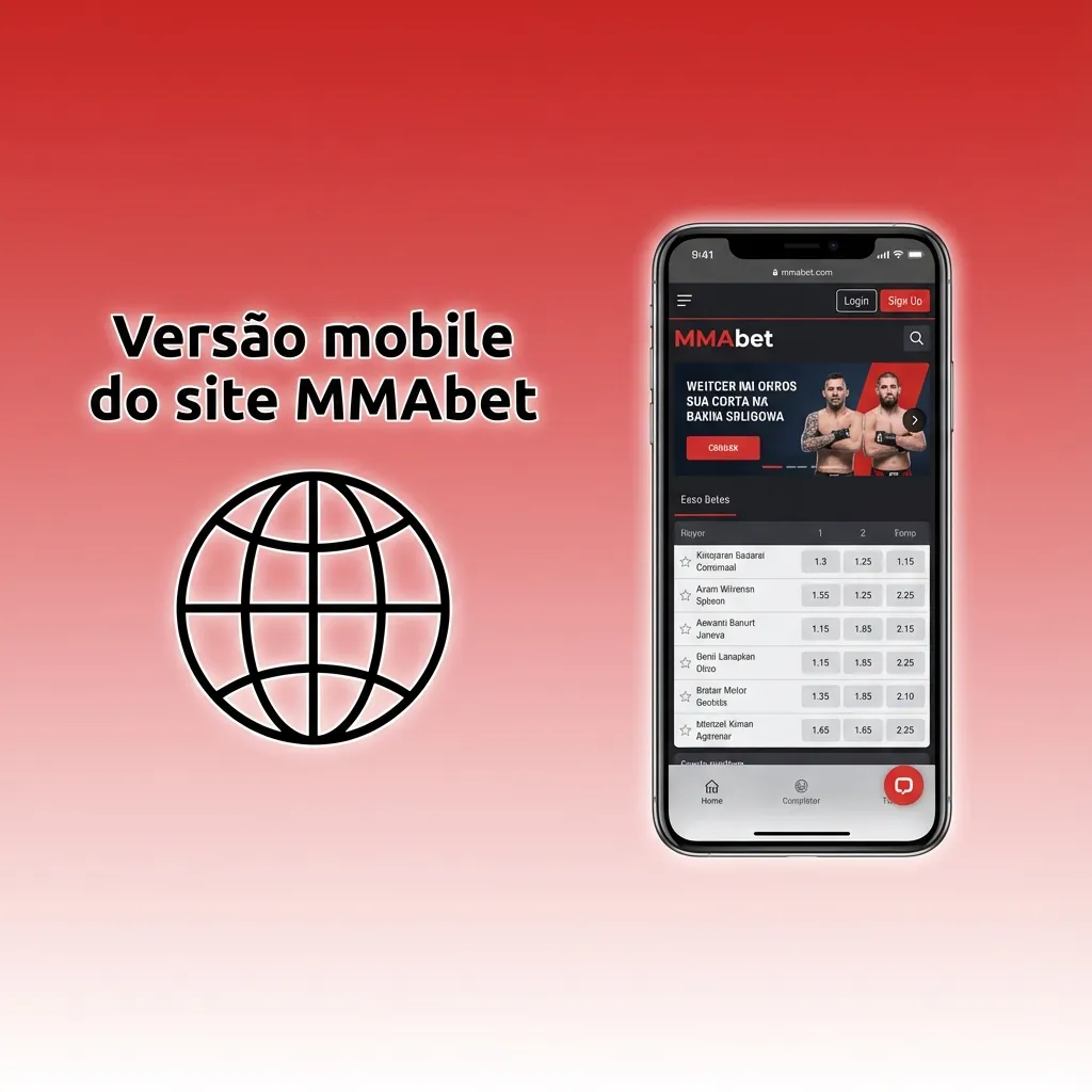 Tela de celular exibindo versão mobile do site MMAbet com menus grandes, apostas ao vivo e navegação em português